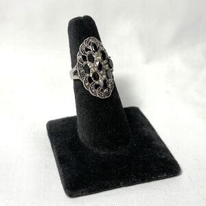 Vintage Black Tourmaline Silvertone Cocktail Ring - Size 8